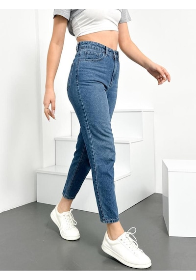 Açık Mavi Kadın Mom Jean Yüksek Bel Kot Pantolon Anna Model 001