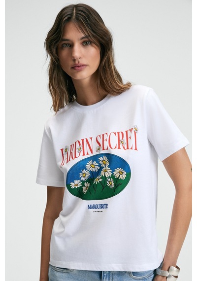 ETHIQUET KARIVA Kadın Bisiklet Yaka Kısa Kollu Ön Baskı Detaylı Regular Fit Beyaz T-Shirt