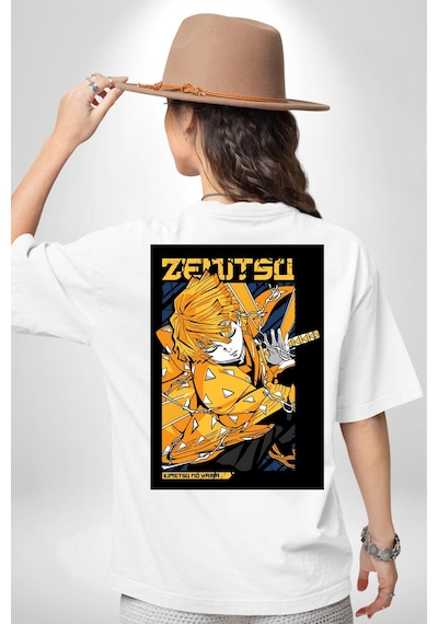 Zenitsu Agatsuma Anime Beyaz Oversize Unisex Ön Ve Sırt Baskılı Tişört Beyaz