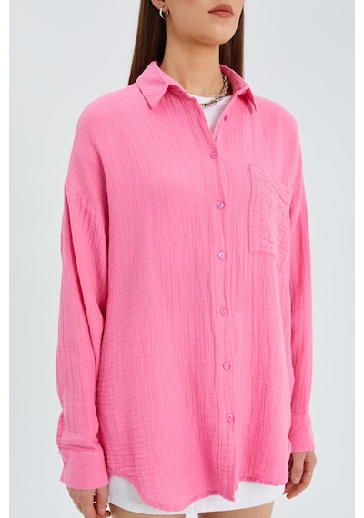 Mixray - 3833 Kadın Oversize Cepli Müslin Gömlek Pembe