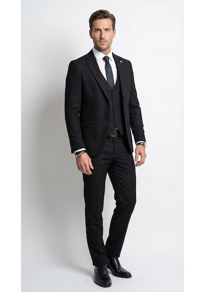 Erkek Klasik Slim Fit Armürlü Kumaş Tek Düğmeli Çift Yırtmaçlı Klasik Yaka Takım Elbise 7 Drop Siyah