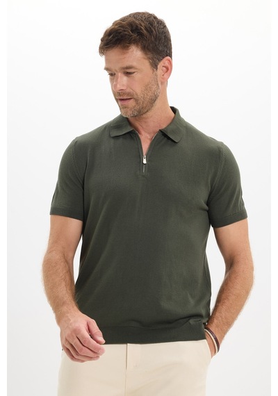 Tudors Erkek Slim Fit Dar Kesim %100 Pamuk Örme Triko Fermuarlı Haki Polo Yaka Tişört-50719
