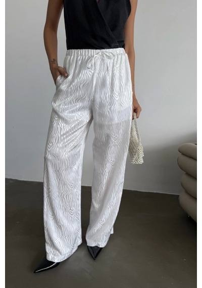 Defymoda Jakar Saten Pantolon - Beyaz Beyaz