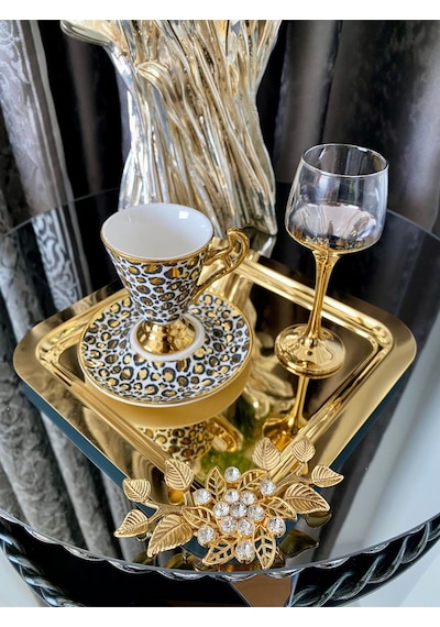 Atabey Home Collection 6'lı Kahve & Çay & Sunum Tepsisi Gold Lüx Kristalize Taşli Model