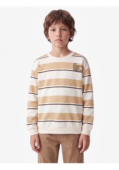 Koton Regular Fit Bisiklet Yaka Uzun Kollu Çizgili Baskılı Sweatshirt Ekru Çizgili 7wkb10436tk