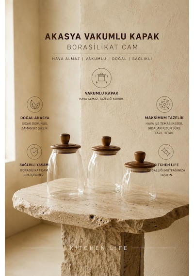 3 Boy Ahşap Kapaklı Vakumlu Borosilikat Cam Kavanoz Baharatlık (500 ml,700 ml,1200 ml)