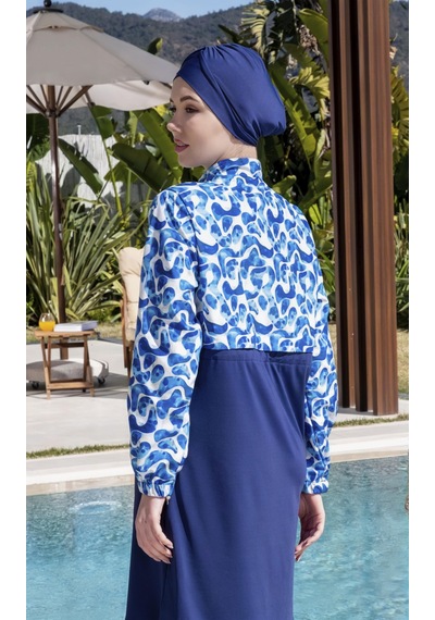 Mayom Tam Kapalı Crop Model Mavi Desenli Tesettür Mayo - 2525 Lacivert-mavi