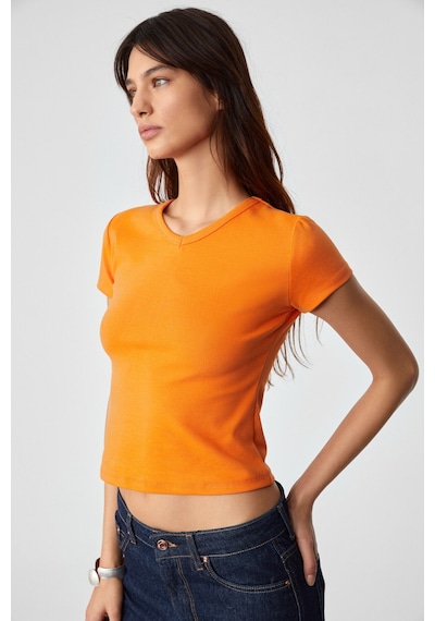 Ethıquet  MASROUTI Kadın Slim Kısa V Yaka Kısa Kol Turuncu T-Shirt