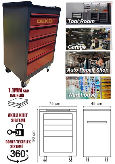 Deko Turkey Darbeye Dayanıklı 5 Çekmeceli Alet Dolabı Atölye