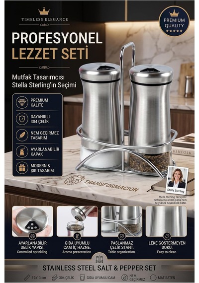 İkili Tuzluk Biberlik Seti 13 Cm 18/10 304 Paslanmaz Çelik Standlı Cam Baharatlık 723495 Diğer