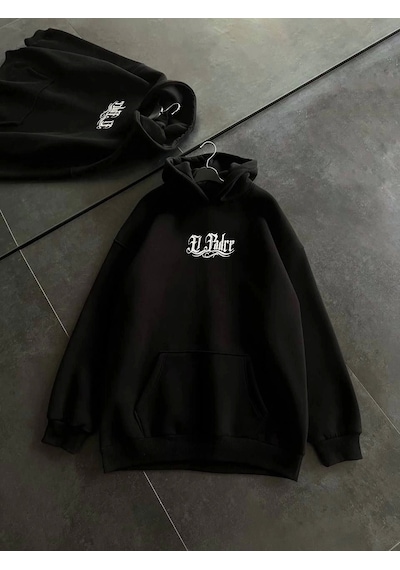 Üç İplik Penye Uzun Kol Kapşonlu Baskılı Sweatshirt - Siyah Siyah