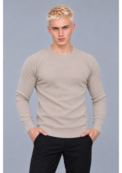 Hk Premium Erkek Fitilli Slim Fit Bisiklet Yaka Triko Kazak Bej