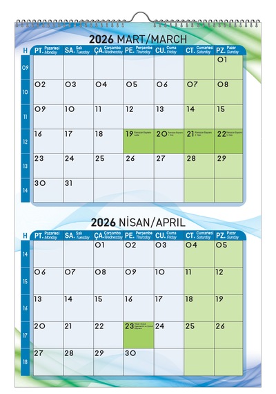2026 Mavi Yeşil Duvar Planlama Takvimi-33x48