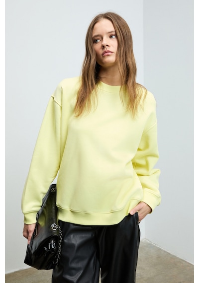 Grımelange KARIUS Kadın Organik Pamuklu İçi Polarlı Oversize Yuvarlak Yakalı Sarı Sweatshirt