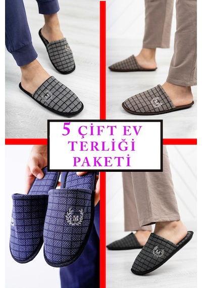 N Moda 5'li Paket Erkek Kadın Terlik Misafir Terliği Ev Terliği Çeyiz Bohça Paketi 5 Çift Erkek Ekose