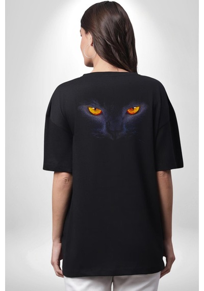 Siyah Kedi Gözler Ateş Pamuklu Unisex Oversize Sırt Dijital Baskılı Siyah T-shirt Siyah