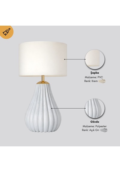 Velora Gold Detaylı Açık Gri Gövde Krem Başlık Dekoratif Abajur Açık Gri