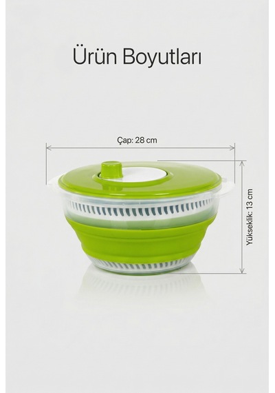 Katlanabilir Salata Kurutucu - Süzgeç Ve Kase Seti - 3 Ü 1 Arada 4.5 Litre Yeşil