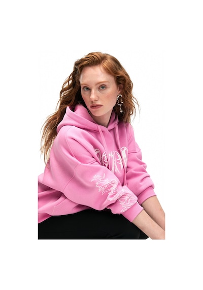 Grimelange ALIRAYNE Kadın Baskılı Oversize Kapüşonlu Kanguru Cep Pembe Sweatshirt