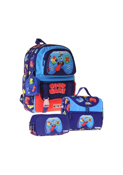 Kaukko Kids Good Game Lacivert - Kırmızı Renk Erkek Çocuk Üçlü İlkokul Okul Çantası Seti/takımı - Setkk-l5389a Çok Renkli