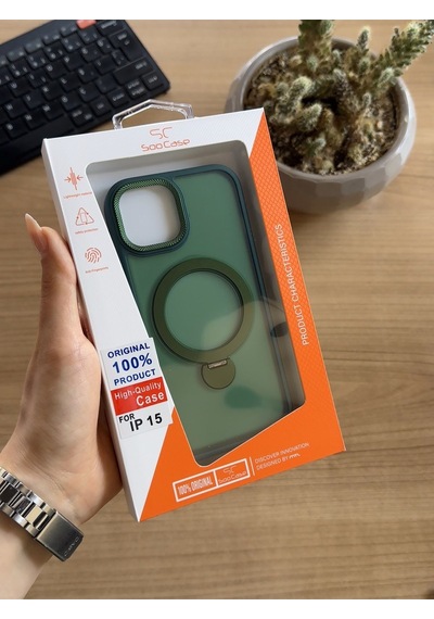 Apple Uyumlu iPhone 15 Standlı Ve Magsafe Kılıf Soocase622 Yeşil