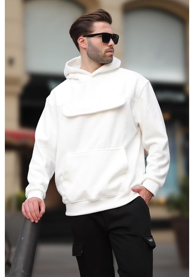 Madmext Ekru Kapüşonlu Kapaklı Cep Detaylı Polar Erkek Sweatshirt 7097 Ekru