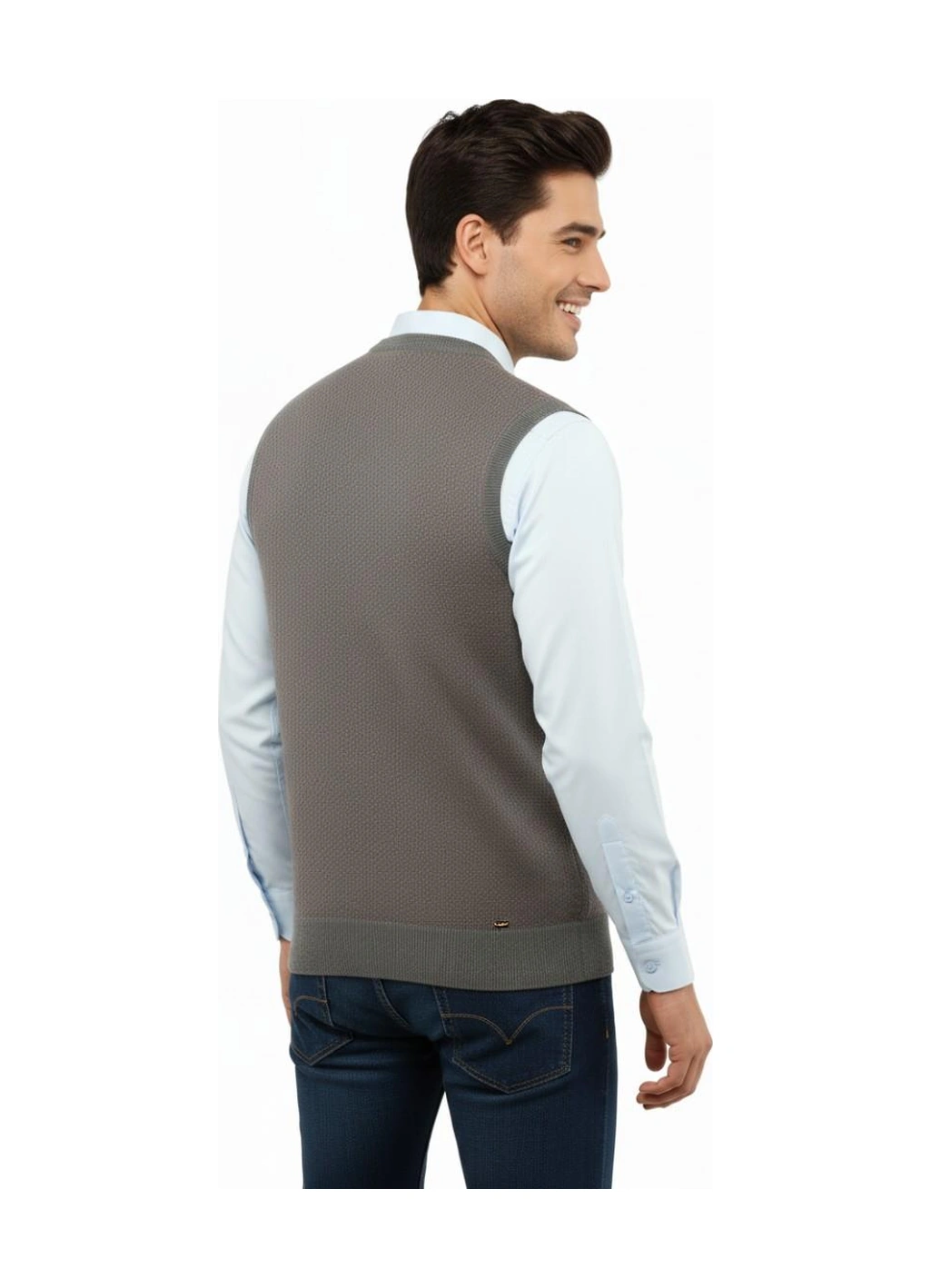 Çizgi Triko Erkek V Yaka Süveter Çelik Örgü Regular Kalıp 5206h Bgl-st04841 Koyu Gri