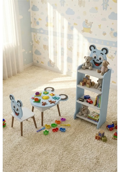 Çocuk Mobilya Seti Happy Face Masa - Sandalye ve 4 Raflı Kitaplık Sevimli Figürlü Mavi