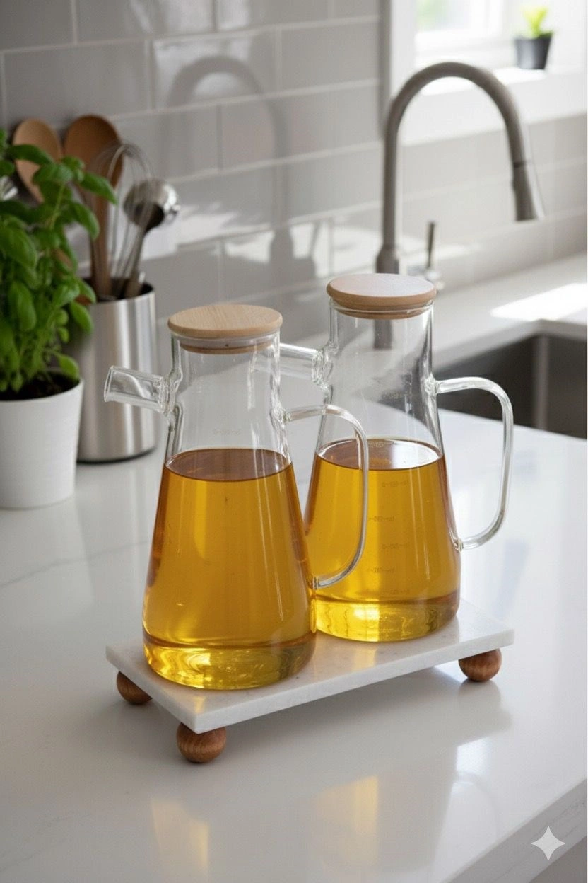 Qerhome Mermer Stantlı Borosilikat Masterchef Bambu Kapaklı Cam Yağlık 2 Li Set 900 Ml+900 Ml Şeffaf