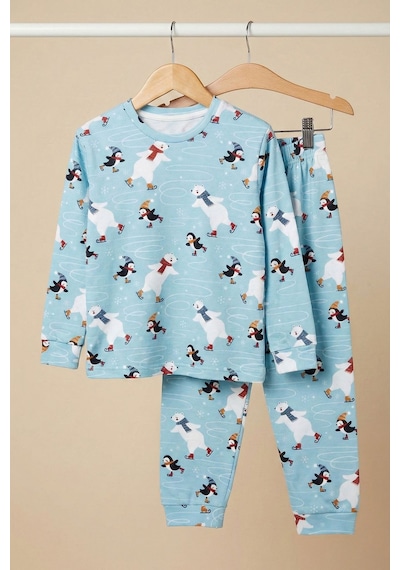 Zuzunga Unisex İnterlok Bebe Mavisi Yılbaşı Temalı Pijama Takımı Mavi