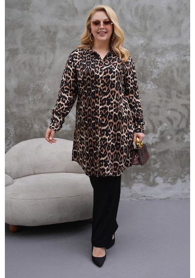 Polologin Butik Leopar Desenli Büyük Beden Uzun Tunik Kahverengi