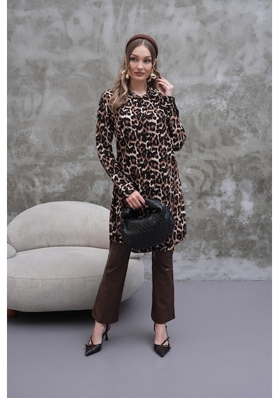 Polologin Butik Leopar Desenli Kahverengi Gömlek Tunik Siyah & Kahverengi