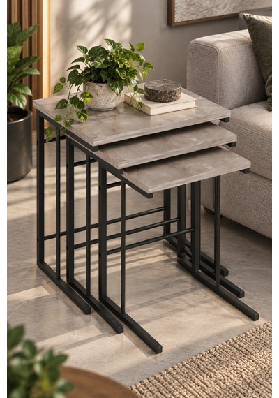 Sulorahome 3'lü Kare Zigon Sehpa Seti Gri Mermer Desenli Metal Ayaklı Açık Gri