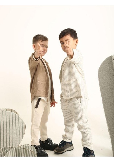 Nanica Kids Erkek Çocuk Beli Kemerli Keten Pantolon-15703 Krem
