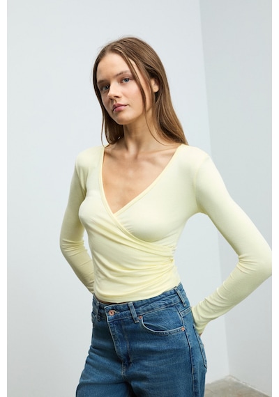 Grımelange CALLORIA Kadın V Yakalı Uzun Kollu Slim Fit Sarı Bluz