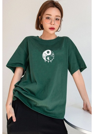 Unisex Yin & Yang Baskılı T-shirt Yeşil