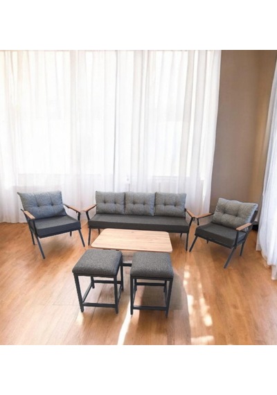 Pilocca Bahçe Balkon Mobilyası Antrasit Gri 3+1+1 Sehpa 2 Pufl Antrasit - Gri