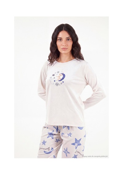 Lela Desenli Yumuşak Dokulu Uzun Kollu Pijama Takımı Kadın Pijama Takımı 65750155 Krem