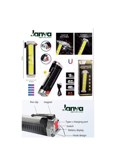 Cam Kırıcı Acil Durum Kablo Sıyırma Çakarlı Usb Şarjlı Kamp El Feneri Işıldak Lamba Led Siyah