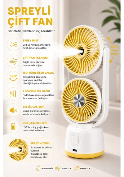 Taşınabilir Spreyli Çift Başlıklı Şarjlı Mini Vantilatör, Usb Şarjlı Taşınabilir Fan, Sessiz Soğutucu Sprey Mist Fan, Ev Ofis Yaz Sarı - 908664352 Taşınabilir Spreyli Çift Başlıklı Şarjlı Mini Vantilatör, Usb Şarjlı Taşınabilir Fan, Sessiz Soğutucu Sprey Mist Fan, Ev Ofis Yaz Sarı - 908664352