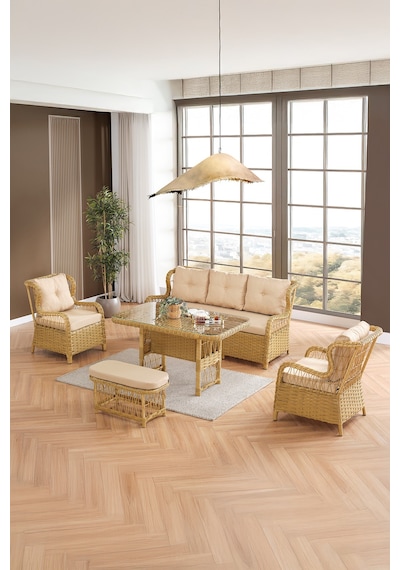 Paris Rattan Puflu Bahçe Balkon Takımı 3+1+1 Cam Masalı Cappuccino