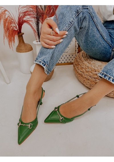 Ervanın Butiği Yeşil Deri (Moss) Toka Detay Kadın Stiletto Yeşil