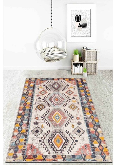 Çok Renkli Kaymaz Tabanlı Etnik Desenli Mutfak Halısı Ar1062n11
