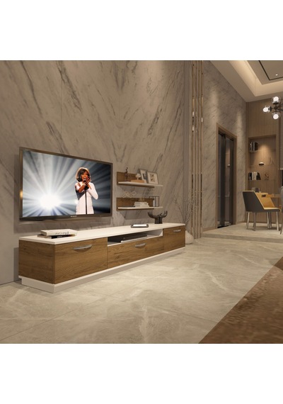 Decoraktiv Trio 4 Mdf Tv Ünitesi Tv Sehpası - Beyaz Pera Beyaz - Meşe