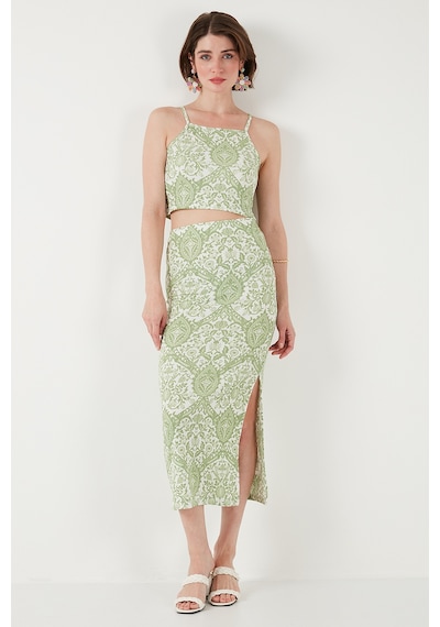 Lela Slim Fit Ip Askılı Yırtmaçlı Midi Alt-Üst Bayan Takım 5869021 Olive