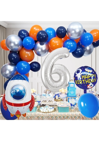 6 Yaş Uzay Temalı Doğum Günü Seti Uzay Mekiği Happy Birthday Yazı Renkli Balonlar Gümüş Folyo Rakam Çok Renkli