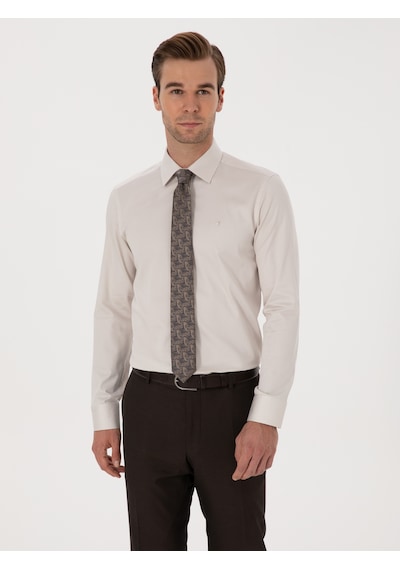 Cacharel Bej Slim Fit %100 Pamuk Klasik Gömlek