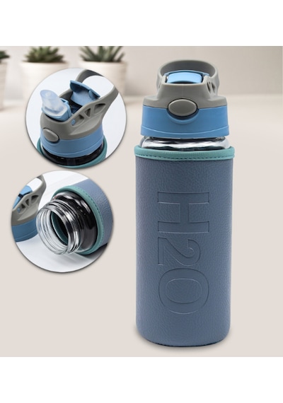 H2o Deri Kılıflı Pipetli Cam Matara 500 Ml Mavi