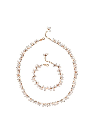 Sallantılı Doğal Kültür İncisi Kolye Bileklik İkili Set 45 Cm / Rose Gümüş