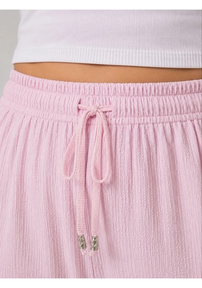Novalisse Kadın Battal Beden Bürümcük Kumaş Beli Lastikli Bağcıklı Bol Paça Palazzo Pantolon - Pembe Çoklu Renk